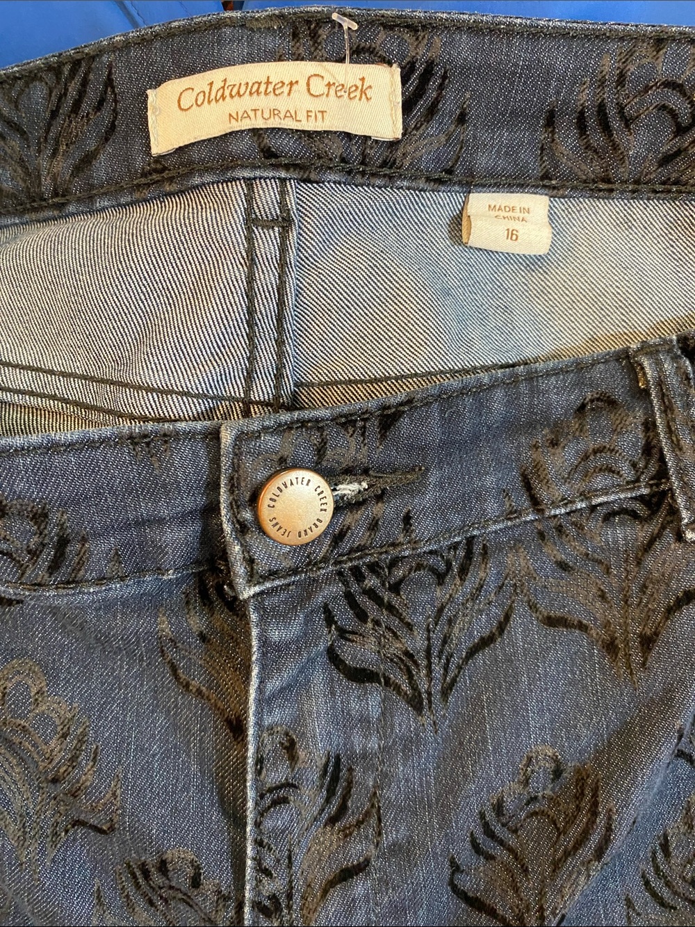 Coldwater Creek Women's Navy Jeans with Black flocked Floral - Picture 3 of 6